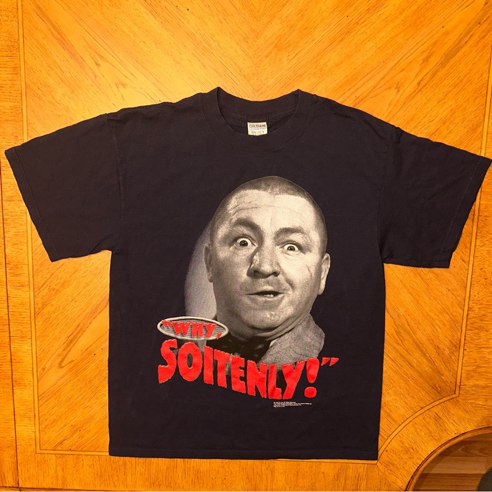 Vintage 1999 Curly Three Stooges TV Promo TShirt Why Soitenly Large Navy Face